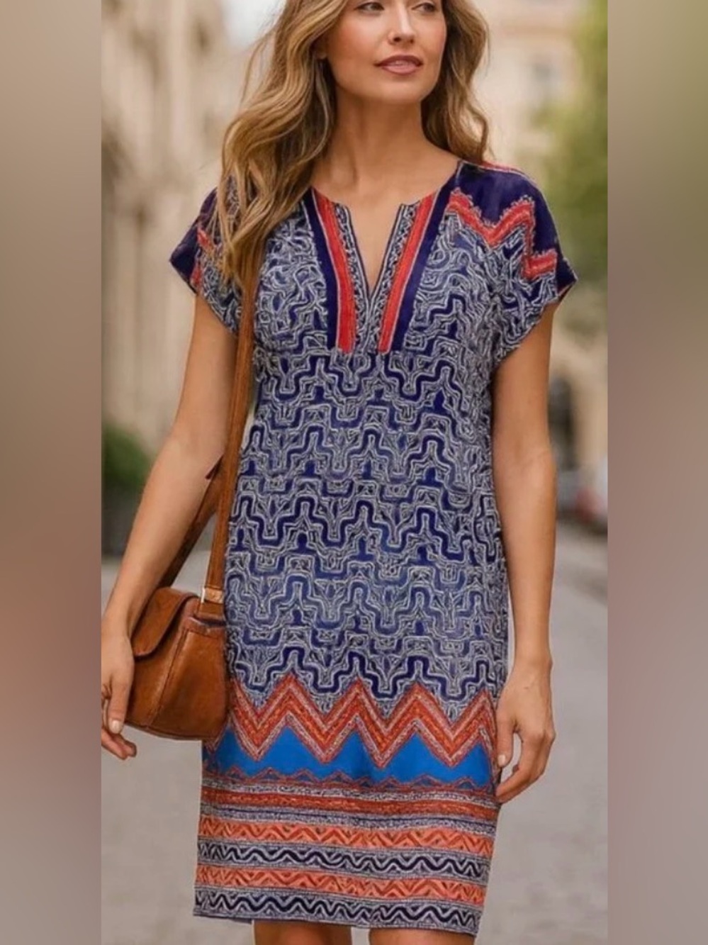 Laundry By Shelli Segal Navy Dress with Coral & Turquoise Trim